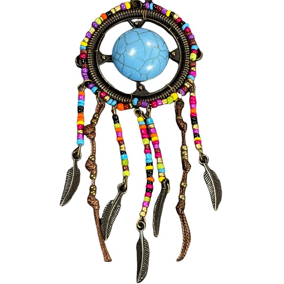 Dreamcatcher necklace blue stone in center, dangly feathers, multicolor beads - Picture 5 of 7